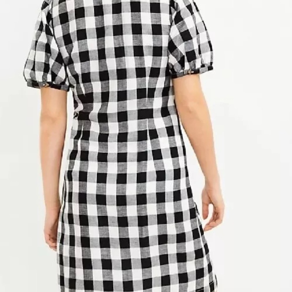 Ann Taylor LOFT Dress Size 2P Linen Blend Short Sleeve Lined Gingham V-Neck - Picture 2 of 11